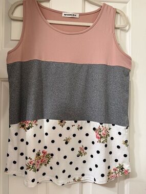 Doublju Pink, Gray & White Colorblock Floral Polka Dot Sleeveless Top - Medium
